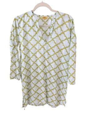 Roberta Roller Rabbit Cotton Tunic Top Size Small Blue Green Block Print Beach